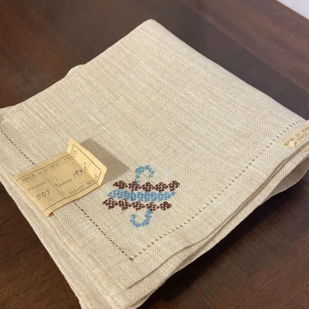 Vtg Soviet Union Linen Napkins NOS NWT USSR Hand Made Cross Stitch Embroidered